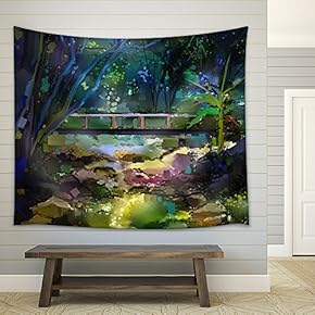 Oil Painting Landscape with Wooden Bridge Over Creek in Forest - Fabric Wall Tapestry Home Decor - 51x60 inches