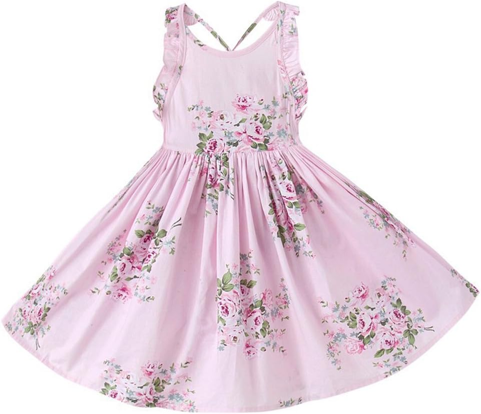 Bcaur Girls' 2T-12 Cotton Floral Dress Summer Backless Casual Sundress