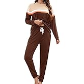 YAHESHION Womens Pajamas Sets Contrast Color Crewneck Long Sleeve Tops with Striped Pullover and Long Pants with Pockets