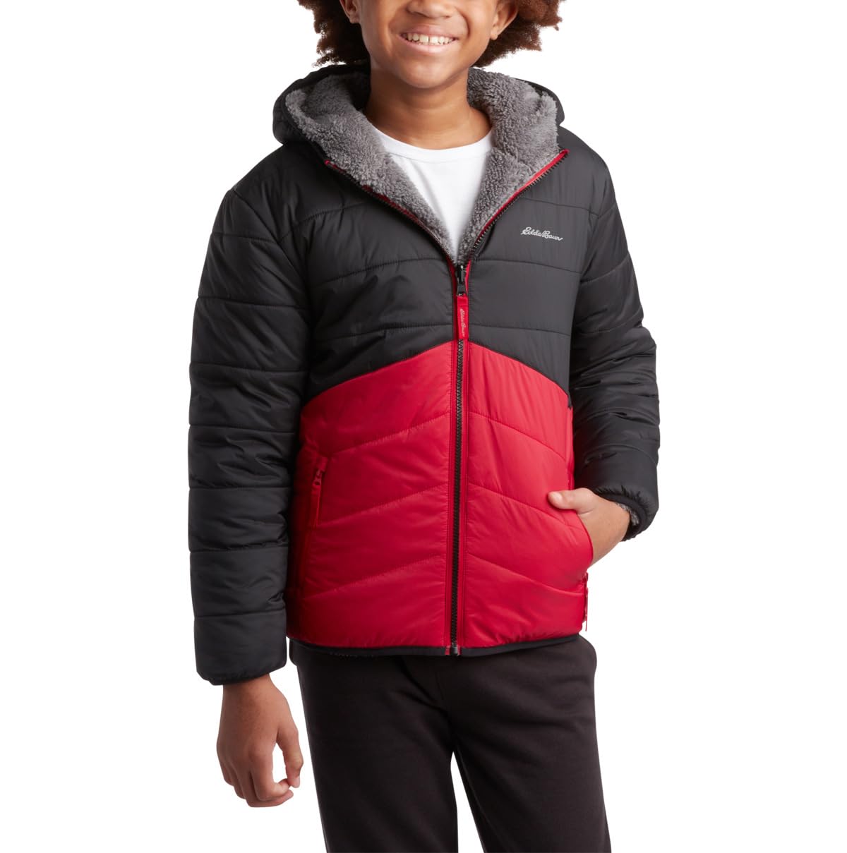 Eddie Bauer Boys' Reversible Jacket - Waterproof Lightweight Fleece Lined Hooded Puffer Coat - Boys Outerwear Jacket (5-20), Size 18-20, Chili Pepper Image