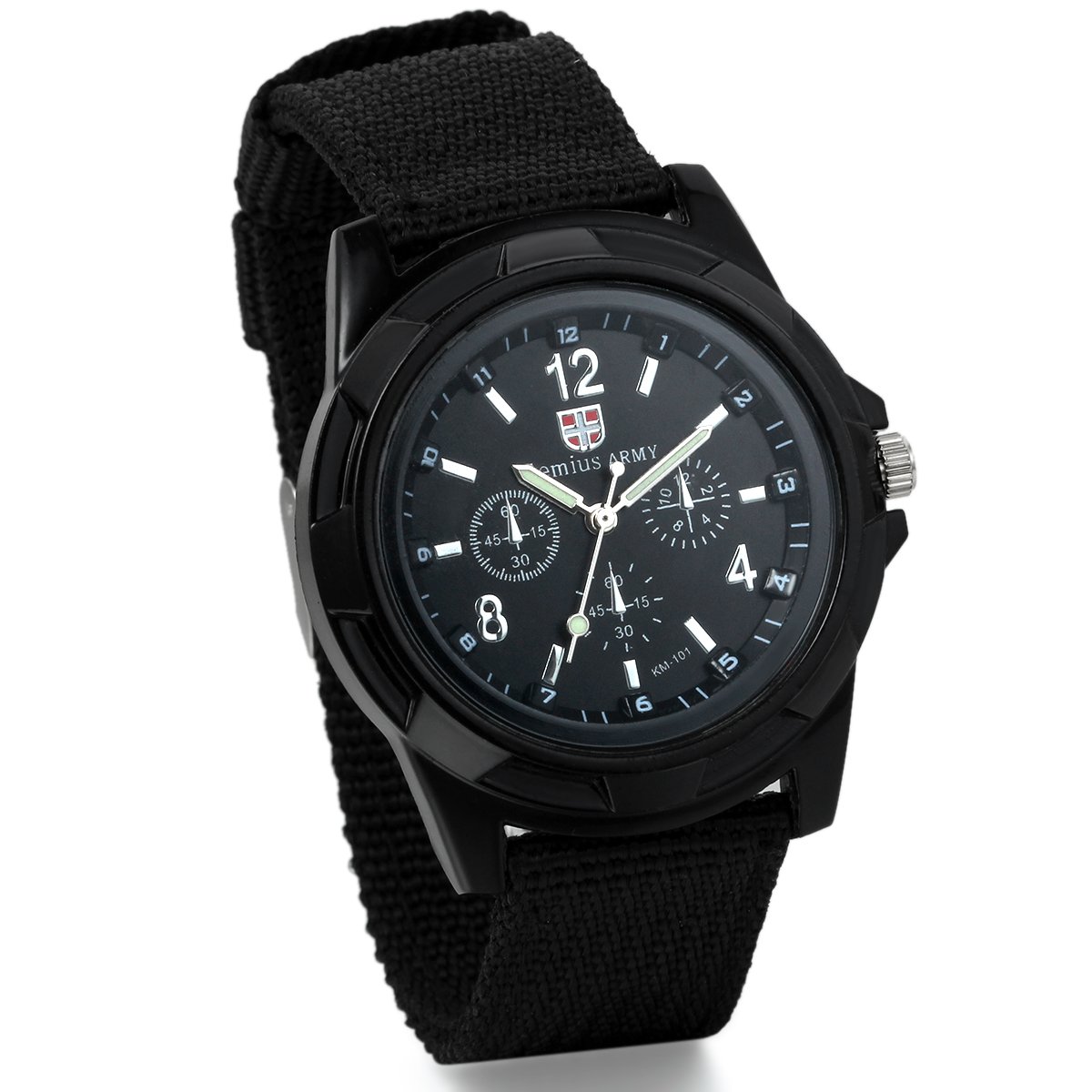 JewelryWe Mens Black Military Army Pilot Aviator Style Outdoor Sports Watch Fabric Canvas Strap Wristwatch (Black Dial)