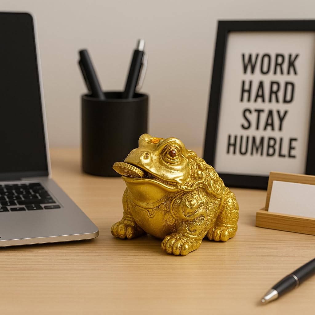 JRose Collections Feng Shui Money Frog Statue – 8.5cm Golden Three-Legged Toad with Coin – Wealth & Prosperity Feng Shui Ornament for Home or Office Decor JR1457
