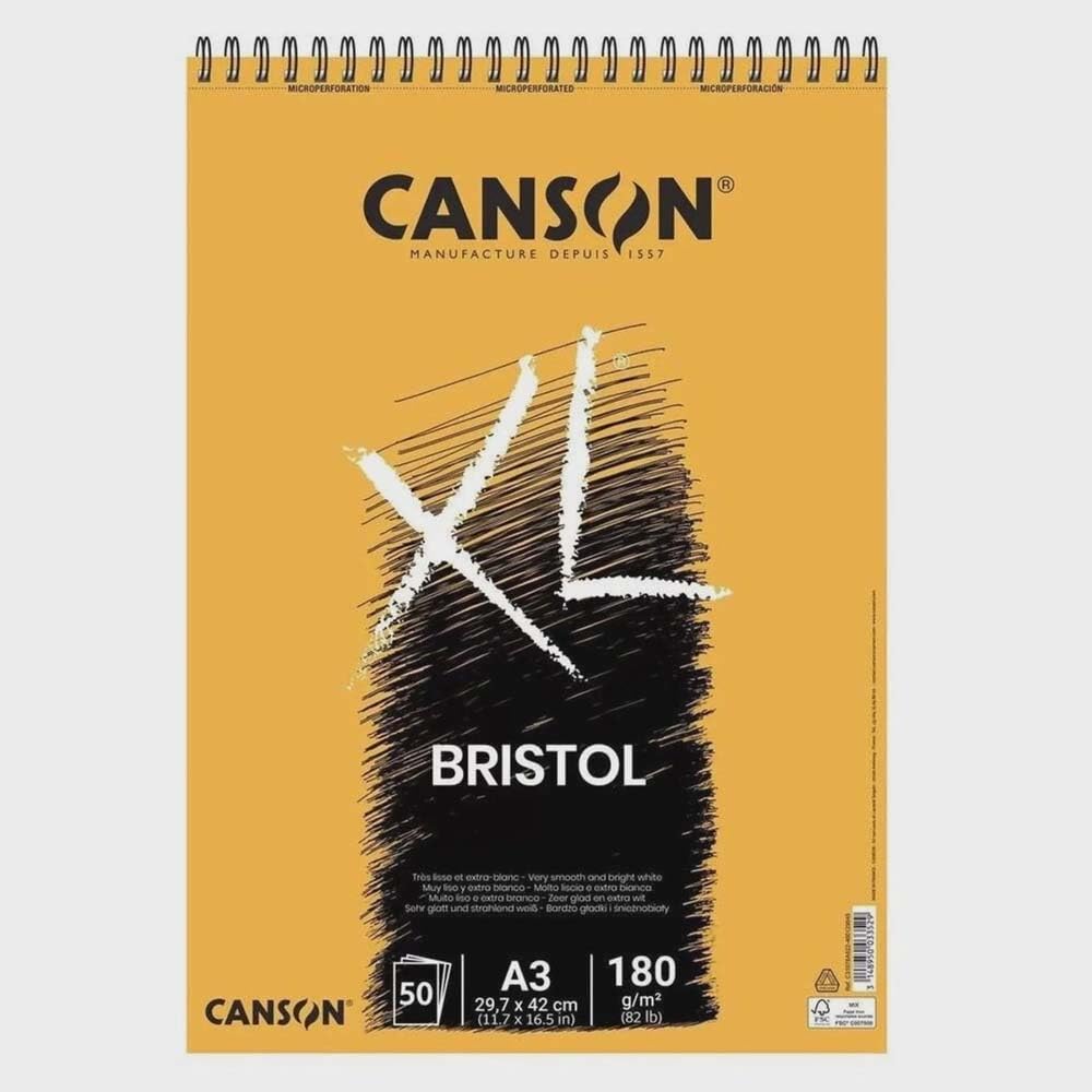 CANSON XL Bristol 180gsm A3 Paper, Very Smooth, Spiral Pad Short Side, 50 Extra White Sheets, For Professional Artists & Illustrators
