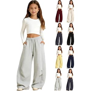 ZGTWHZY Girls Sweatpants Barrel Pants Baggy Wide Leg Drawstring Open Bottom Casual Sweat Pants with Pockets 5-15 Years