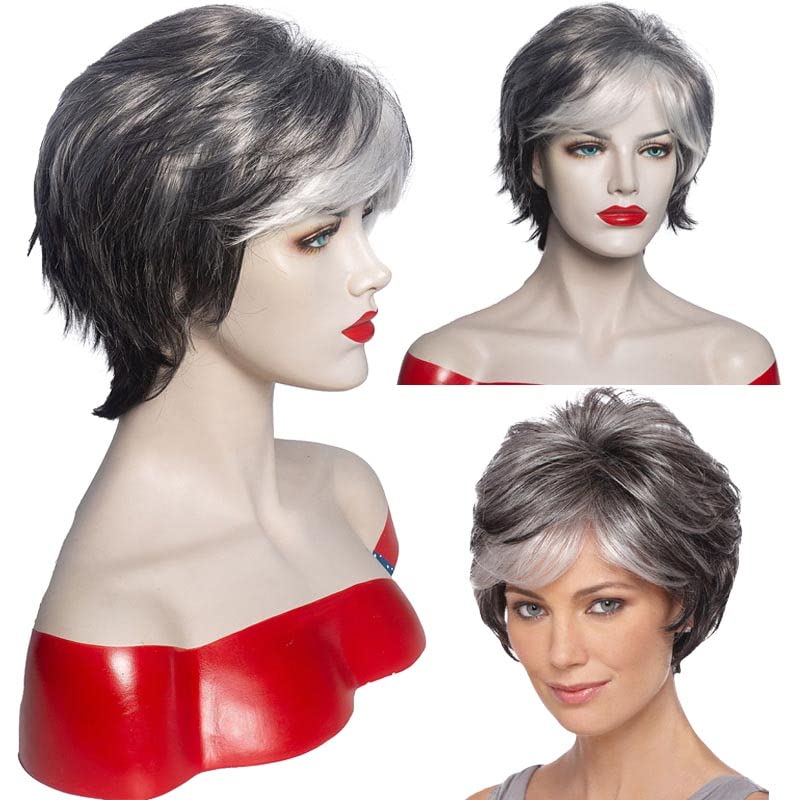 Grey Wig, Temperament Bangs, Fluffy Short Hair, Black Gradient Silver Middle-Aged Women's Wig, Natural Daily Use Hair Suitable for Girls and Women
