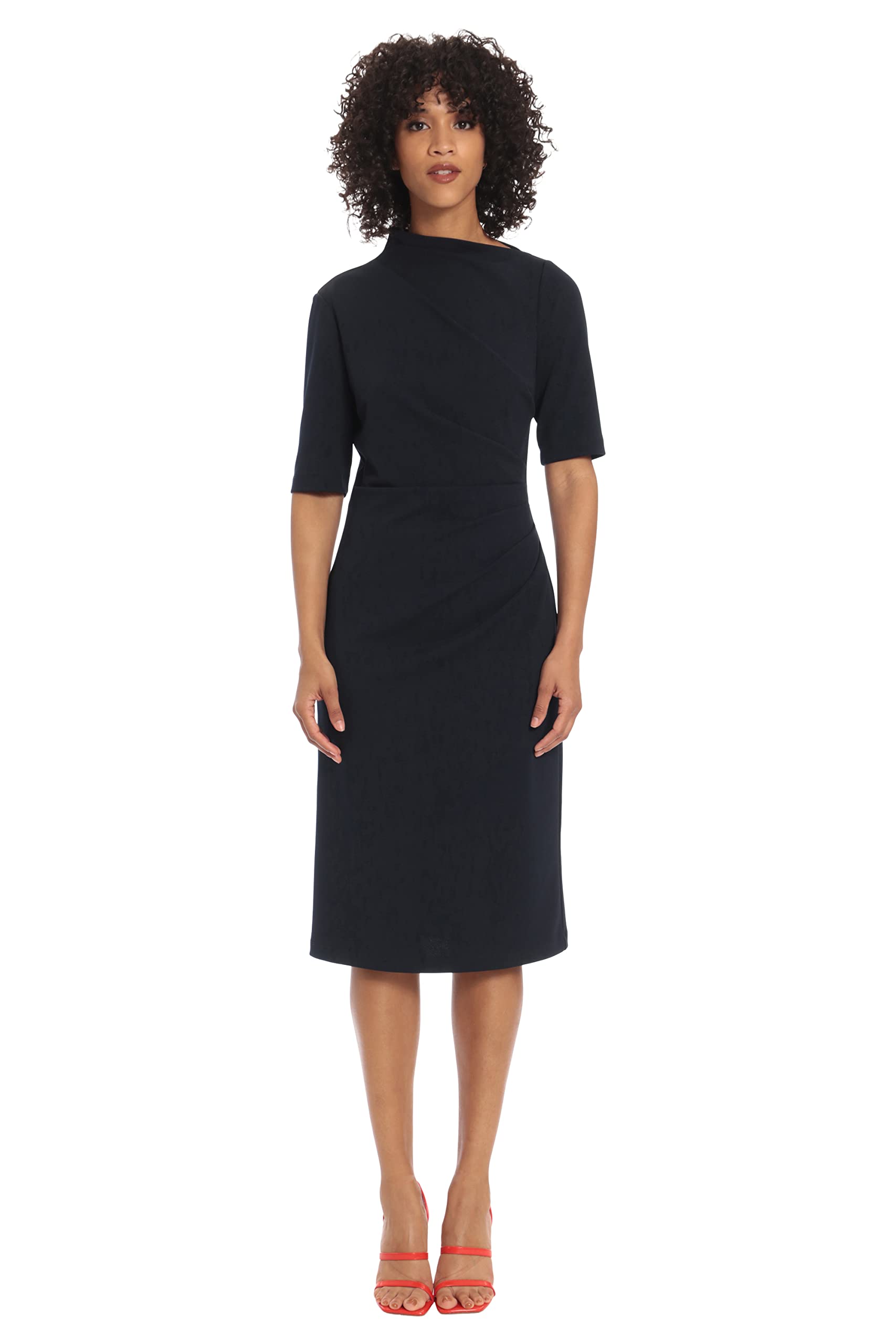Photo 1 of Maggy London Women's Side Pleat Dress with Asymmetric Neck and Elbow Sleeves