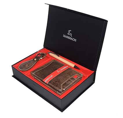 Leaderachi 100% Genuine Hunter Leather RFID Blocking Bifold Wallet with Hunter Leather Designer Key Ring & Wooden Pen Combo Gift Box for Men