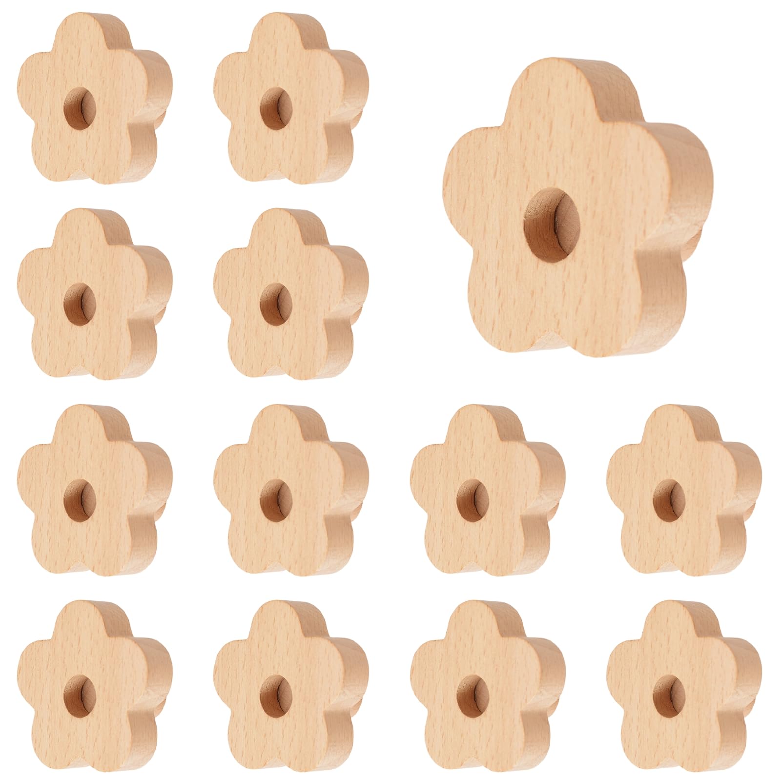 MOROBOR 12Pcs Flower Shaped Wooden Knobs, Natural Wood Kitchen Cabinet Pulls Single Hole Beech Wood Handles for Living Room Children's Room with Screws& Expansion Tube