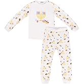 SHALHEVET LIGHT Kids Hanukkah Matching Shirt and Pants Set – Festive Dreidel & Menorah Print Hanukkah Outfit for Boys & Girls
