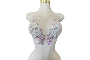 ESOSZNUA Handmade Bodice Rhinestones Applique Sewing Glass Beads Stones Crystal Trim Lace Patches for Dress Clothing Accessories 1pair/Bag 3.1X9.4inches (Clear AB)