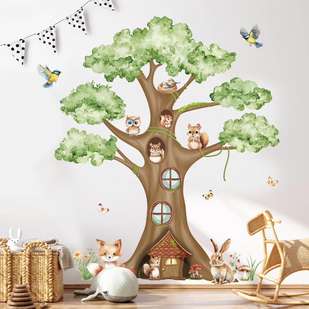 Photo 1 of Large Tree Wall Decal Green Tree Leaves Wall Stickers Woodland Animals Fox Rabbit Squirrel Birds Wallpaper DIY Peel and Stick Wall Art Decals for Bedroom Living Room Nursery