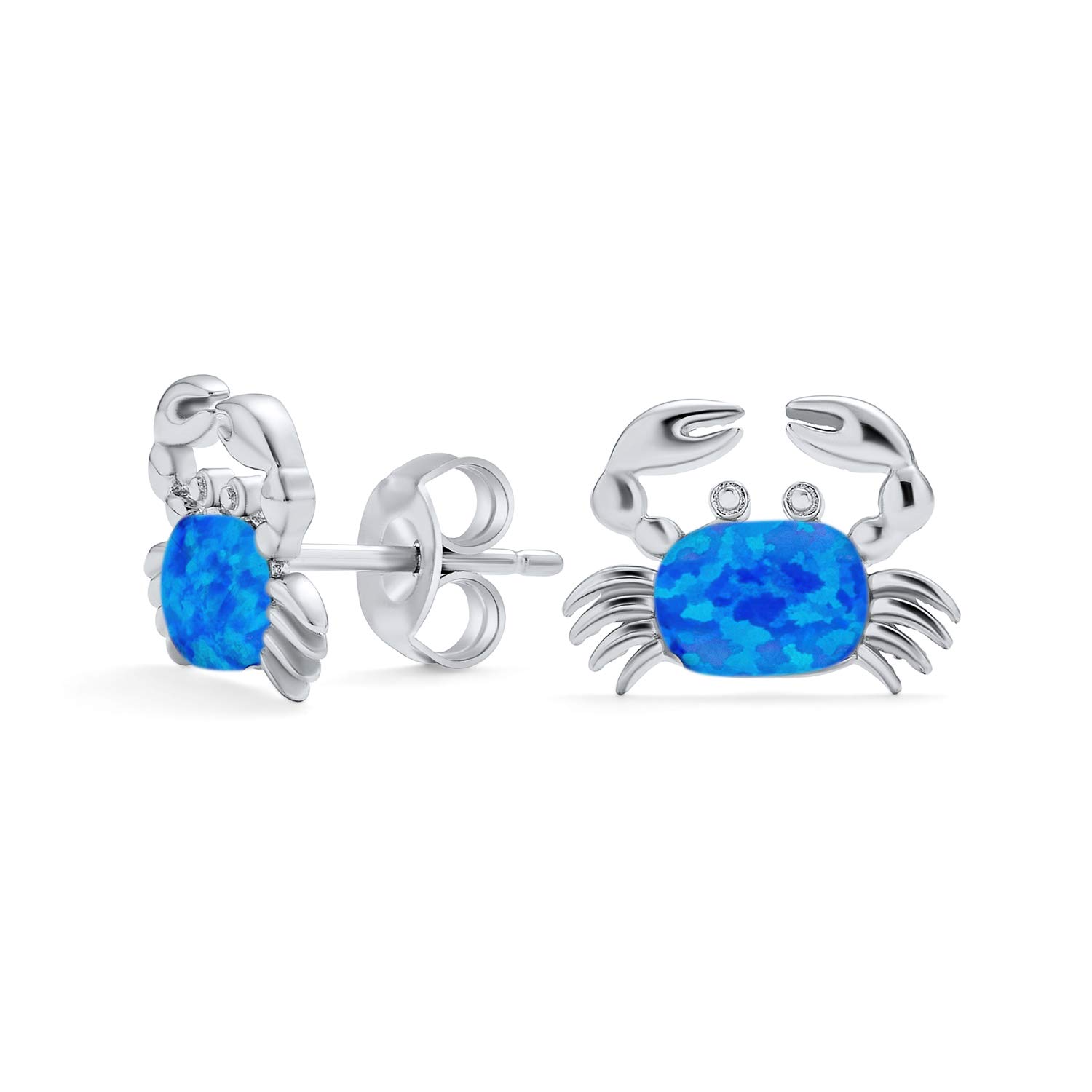 Small Gemstone Tropical Vacation Nautical Created Blue Opal Beach Sand Crab Stud Earrings For Women .925 Sterling Silver October Birthstone — image 1
