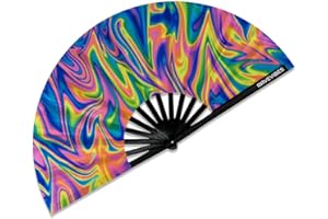 Ravevibes 13" Large Rave Fan Folding Hand Fan, Bamboo Festival Clack Fan Foldable UV Glow Edm Fans For Rave Outfits Accessories Performance Dance Party For Men Women, Wavy-2