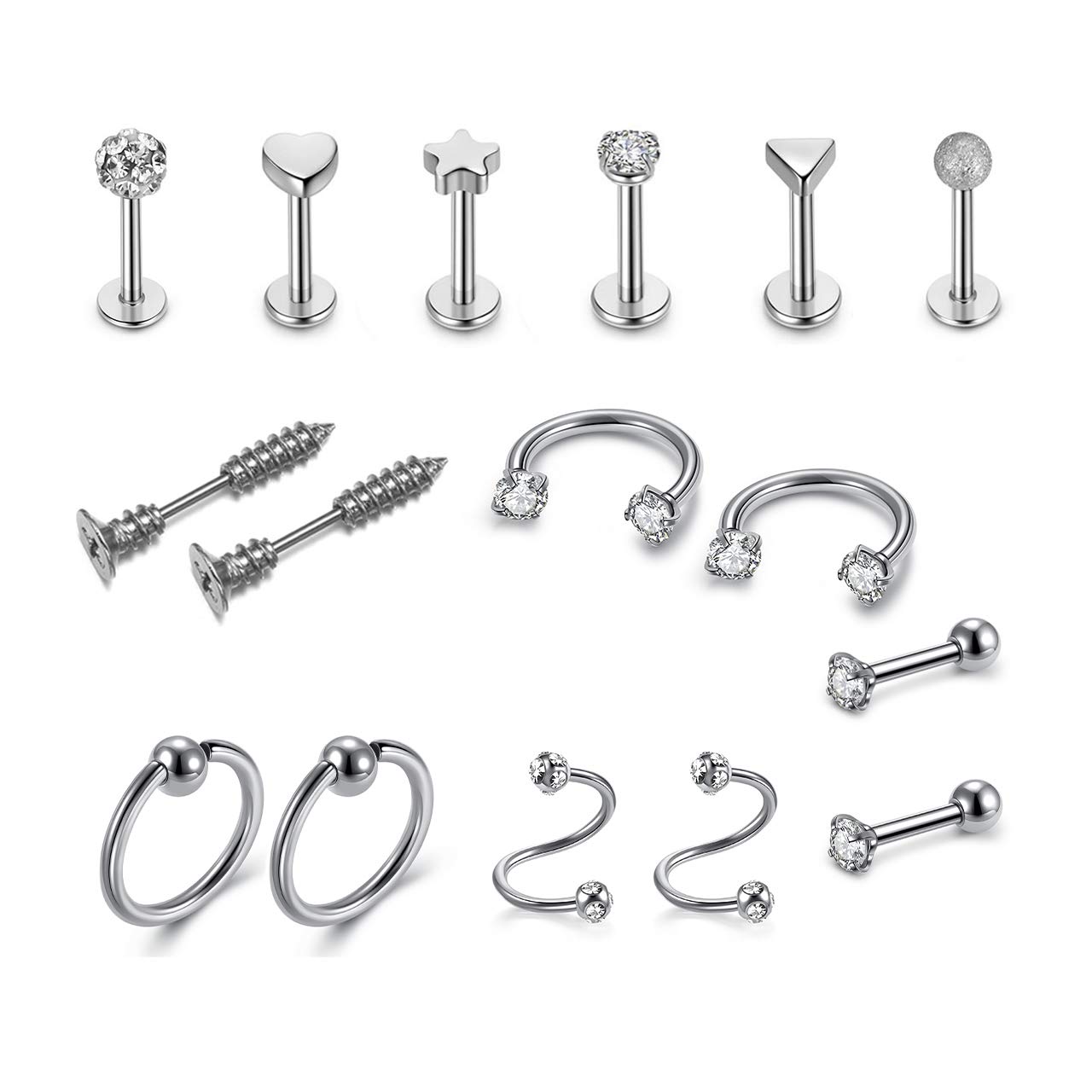 AllerPierce 16 Pcs CZ Helix Cartilage Tragus Studs Ring Hoops 8mm 16G Stainless Steel Earring Bars Piercing Jewellery for Women Girls