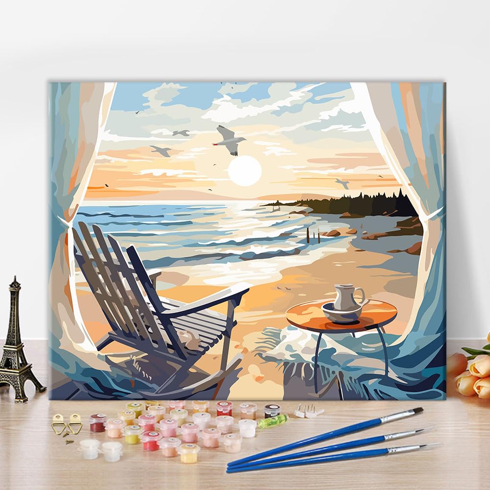 TISHIRON Paint by Numbers Kit for Adults - Serene Coastal Seaside at Sunrise with Seagulls, Peaceful Morning Beach Landscape Adult Paint by Number Kits, DIY Art for Beginners - 16x20 Inch — image 1
