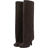 VOZTOLLS Women's Knee High Suede Boots for Women Wide Calf Square Toe Stiletto Heels Tall Boots Pull On High Heel Long Booties