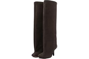 VOZTOLLS Women's Knee High Suede Boots for Women Wide Calf Square Toe Stiletto Heels Tall Boots Pull On High Heel Long Booties