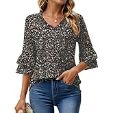 Am Direct Womens V Neck Ruffle 3/4 Length Sleeve Dressy Shirts Casual Loose Tunic Tops Summer Blouses