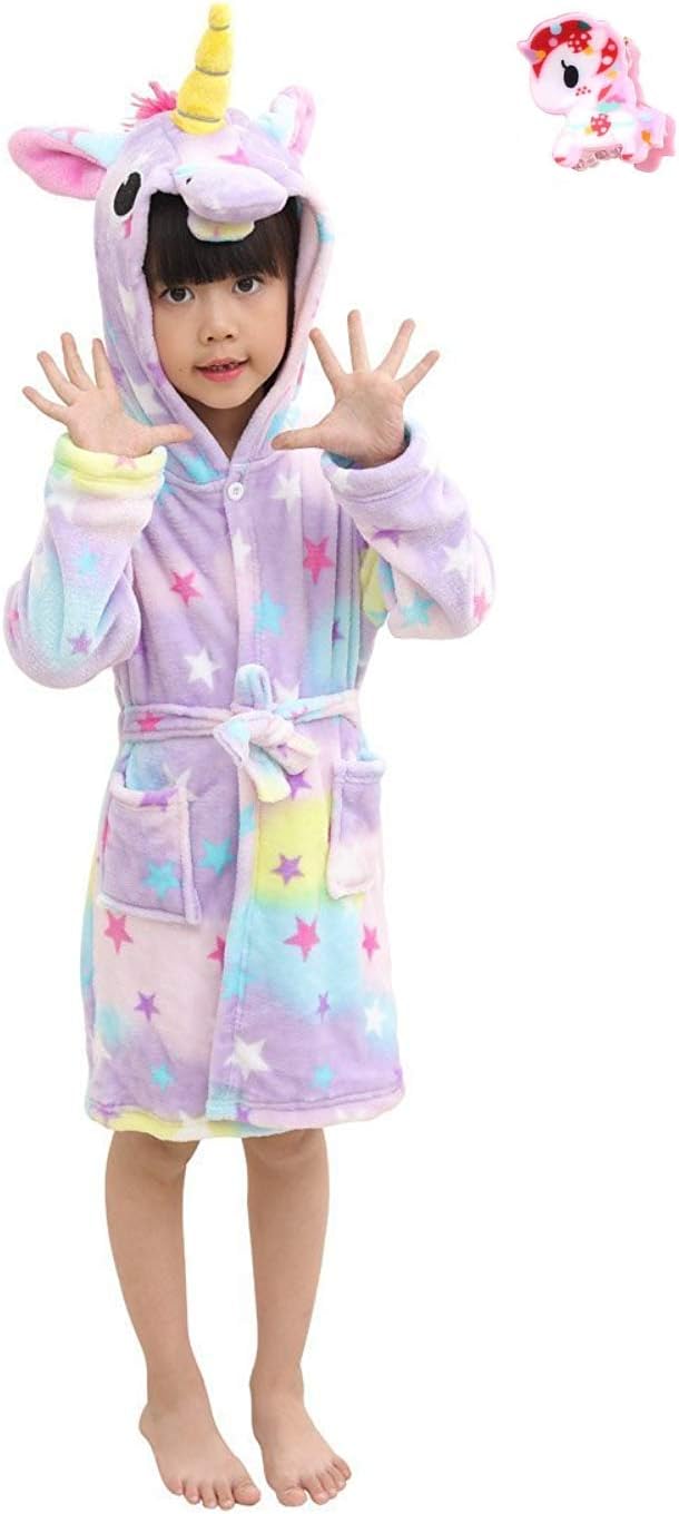 LUCKAPPY Girls Hooded Unicorn Bathrobes, Comfortable Soft Flannel Pajamas Sleepwear Loungewear for Kids, Toddlers