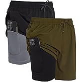 Mens 2 Pack Swim Trunks with Compression Liner Anti Chafing 7 inch Inseam Stretch Quick Dry Swim Shorts with Phone Pocket