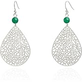 Handmade Filigree Leaf Teardrop Green Jade Ball Dangling Earrings for Women, Sterling Silver Hooks