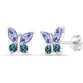 Gem Stone King 925 Silver Marquise Blue Tanzanite and London Blue Topaz Butterfly Earrings For Women (1.52 Cttw, Gemstone December Birthstone, Center Stone: 6X3MM, Small Stones: 3MM)
