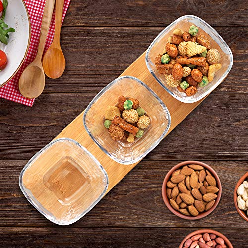 Dipping Bowls & Candy Dish Set - 3 Clear Glass Bowls On Bamboo Tray 6-oz Each | Appetizer Serving Tray Perfect For Dessert, Condiments, Nuts, Dips, And Snacks