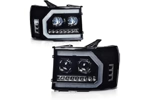 GRAND ORANGE LED DRL Headlights Assembly Compatible with GMC Sierra 1500 2007-2013 /Fit GMC Sierra 2500HD 3500HD 07-14 LH & RH Headlights Assembly Smoke Lens Black Housing White reflector 20980241