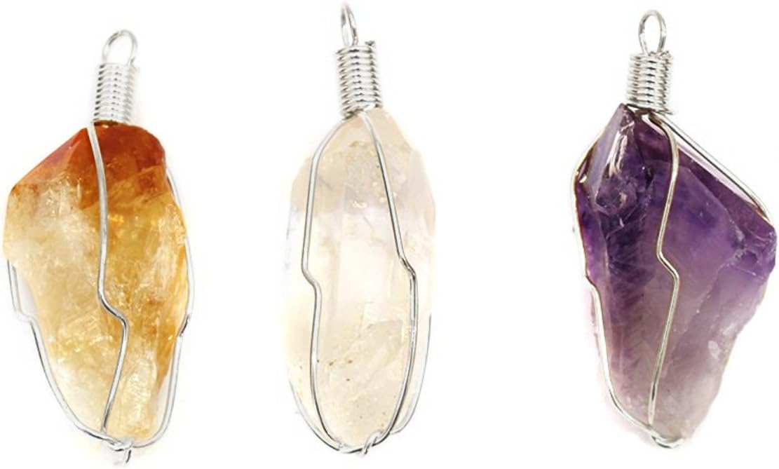 Set of 3 - Quartz, Citrine and Amethyst Point Wire Wrapped Silver Toned Pendant w/ RP COA