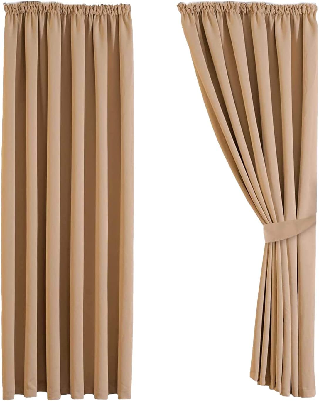 Aspire Homeware Blackout Curtains for Living Room – Beige Bedroom Pencil Pleat Curtains 66x90 inch Drop Thermal Insulated Super Soft Window Treatments Black Out Curtain + 2 Tiebacks — image 1