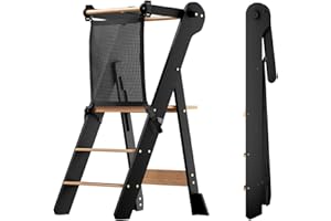 COSYLAND Foldable Toddler Standing Tower - Adjustable Height Folding Step Stool Kid Toddler Kitchen Stool Helper for Learning and Cooking - Ages 18 Months to 6 Years with safety Net Natural & Charcoal