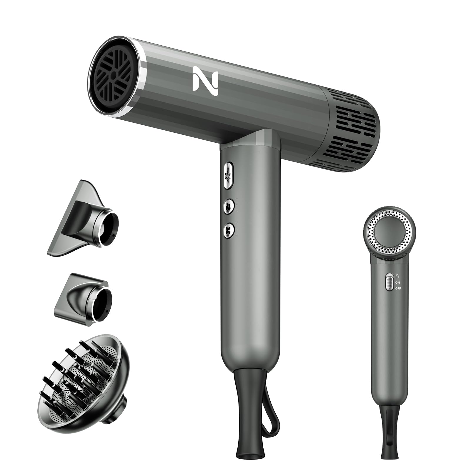 Natrial 1600W professional ionic hair dryer with 3 attachments, 110,000RPM high-speed brushless motor for fast drying, Lightweight, low-noise, with locking function, 4 temperature and 3 speed settings