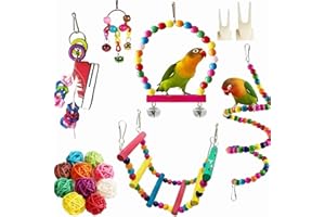 EKMOIS Bird Parakeet Toys 17PCS Swing Hanging Standing Chewing Toy with Colorful Ladder Hammock, Perch, Rattan Balls for Budgerigar, Parakeet, Conure, Cockatiel, Mynah, Love Birds, Finches