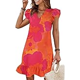 QACOHU Spring Summer Dresses for Women 2026 V Neck Cap Sleeve Ruffle Hem Smock Short Casual Beach Dress