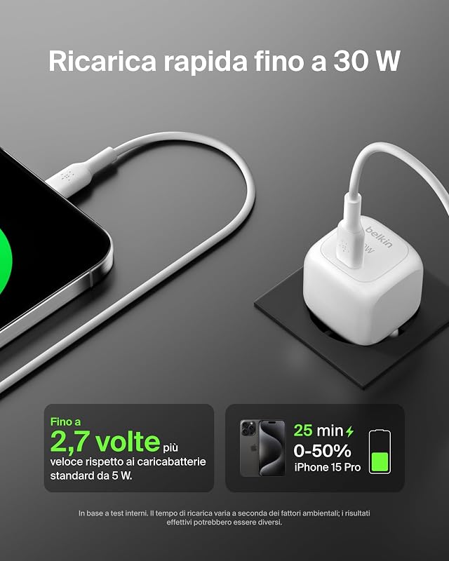 BoostCharge Caricabatteria da parete Compatto da 30W, Caricatore USB-C PD rapido da viaggio per Apple iPhone 17, Air, 16, Samsung Galaxy, iPad, AirPods, Tabletas, Pixel, Tablet e altro - Bianco