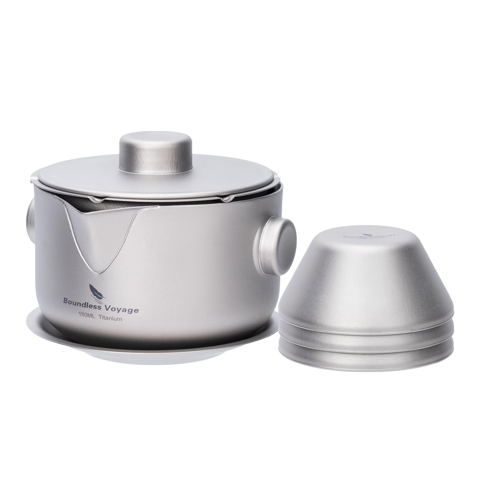 Boundless Voyage Titanium Double-Layer Tea Maker with Filter Lid Ultralight Teapot Anti-Scald Coffee Mug Drinkware for Camping Travel Office (Ti3137D-Teapot+3cups)