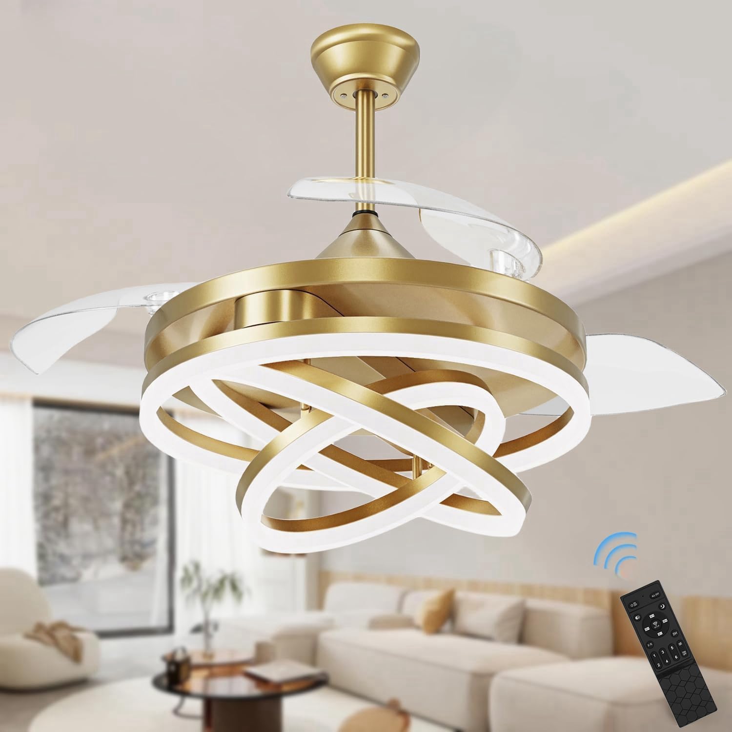 Photo 1 of TXCSLY Retractable Ceiling Fan, 42 Inch Chandelier Ceiling Fans with Light, Modern Fandelier Ceiling Fan for Bedroom Living Room Dinning Room, Reverse Motor, 3 Color, 6 Wind Speed, Gold