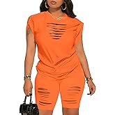PINSV Women 2 Piece Outfits Summer Sweatsuits Biker Short Workout Jogger Sets