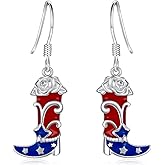Patriotic American Flag Dangle Earrings for Women 925 Sterling Silver-4th of July Independence Day Red White Blue Patriotic Jewelry Gifts-Western Cowgirl Boots USA Flag Drop Earrings