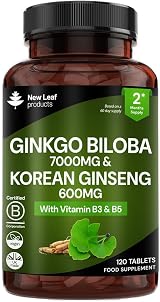 New Leaf Ginkgo Biloba and Korean Ginseng Tablets 120 Vegan Tabs 7000mg