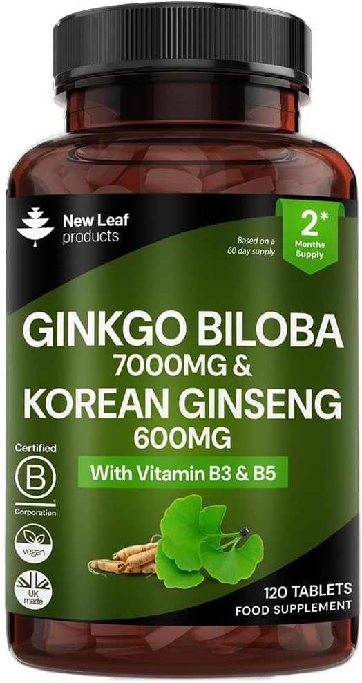 New Leaf Ginkgo Biloba and Korean Ginseng Tablets 120 Vegan Tabs 7000mg