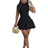 Ekaliy Bubble Dress for Women Sexy Sleeveless Mock Neck Knit Open Back Mini Dress Bodycon Y2k Party Club Short Dress