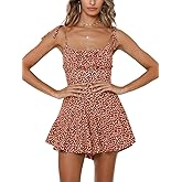 Jeanewpole1 Women's Boho Floral Wide Leg Short Romper Spaghetti Strap Smocked Jumpsuit