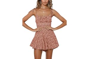 Jeanewpole1 Women's Boho Floral Wide Leg Short Romper Spaghetti Strap Smocked Jumpsuit