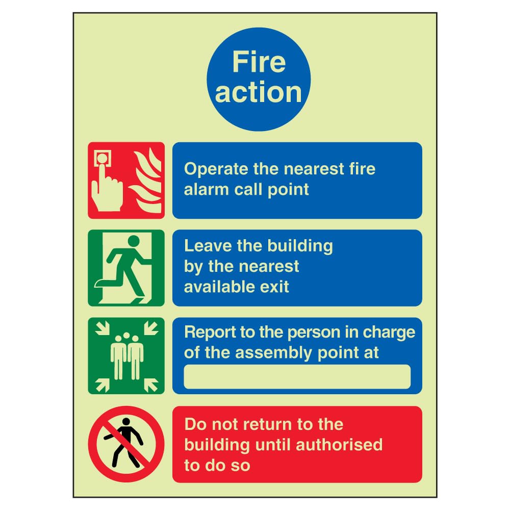 V Safety 12010AN-GS Glow In The Dark Fire Action Do Not Re-Enter Fire Action Notice Sign - 150mm x 200mm - Self Adhesive Vinyl