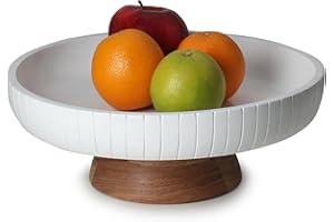 LAVAUK wooden fruit bowl with pedestal | 12" wide and 5" high | Pedestal made of sturdy acacia wood with natural finish |(Whi