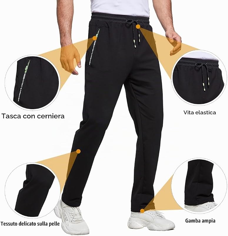Pantaloni Sportivi Uomo Cotone Pantaloni da Jogging Sportivo Pantaloni di Tuta Slim Fit con Tasche Zip Nero XL