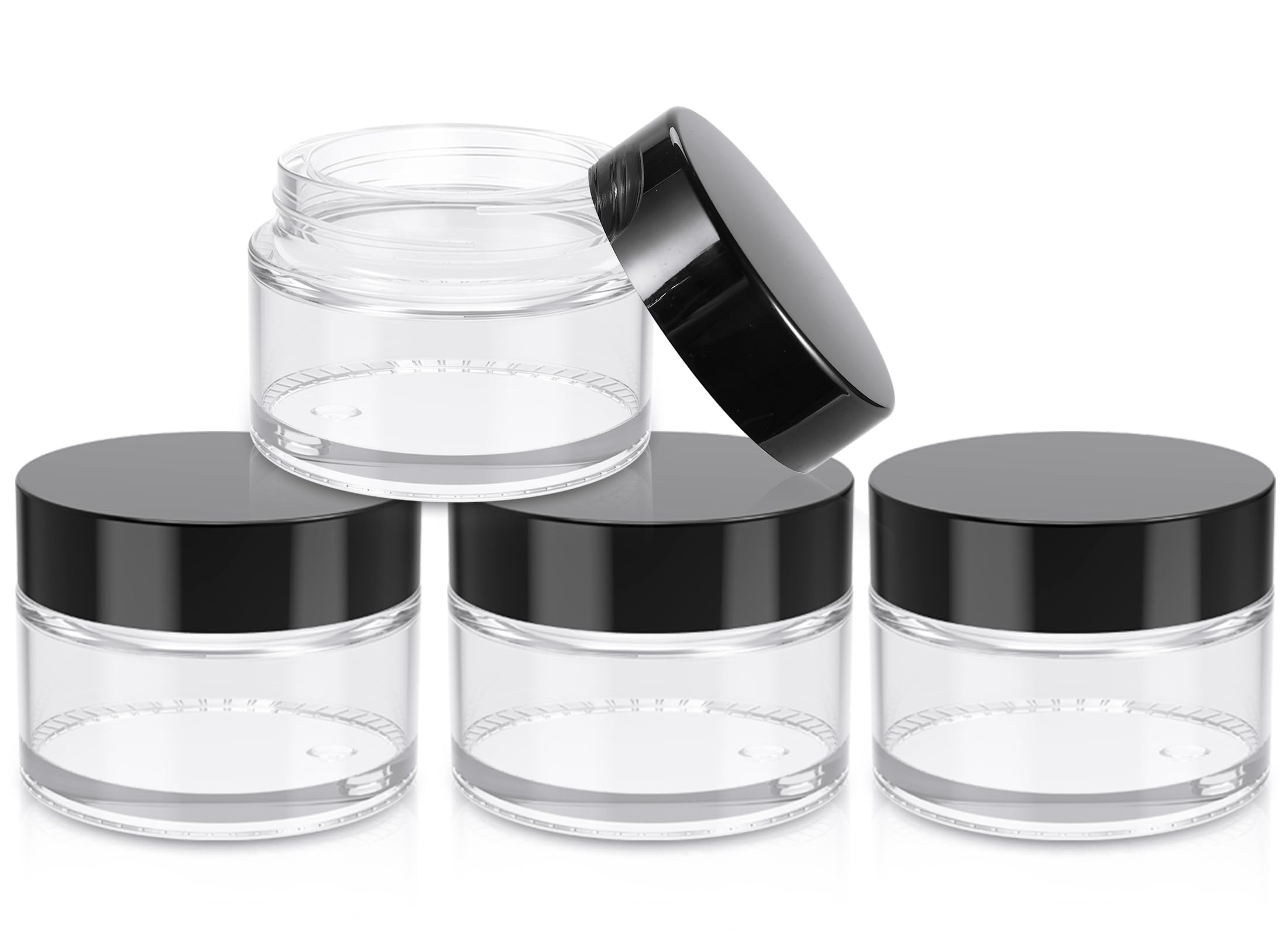 Photo 1 of 1oz Jars with Lids, HOA Kinh 4 Pack Clear Glass Jars Empty Cosmetic Containers Round Airtight Glass Jar with Inner Liners and black Lids for Storing Lotions, Powders, and Ointments