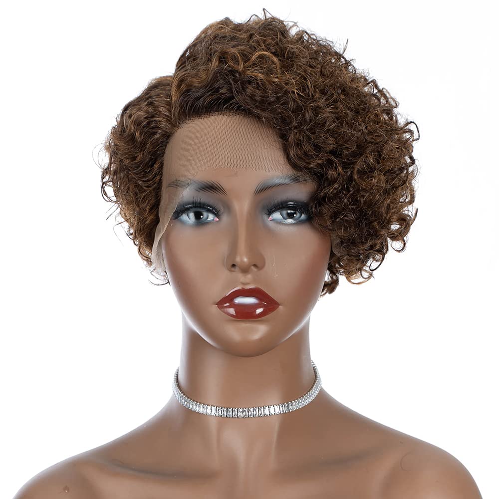 Rebecca Fashion Ombre Brown Blonde Curly Pixie Cut Lace Front Wigs Human Hair Water Wave Short Pixie Cut Wig Side Part 13x5.5x0.5 HD Lace Pixie Cut Lace Front Wigs Human Hair