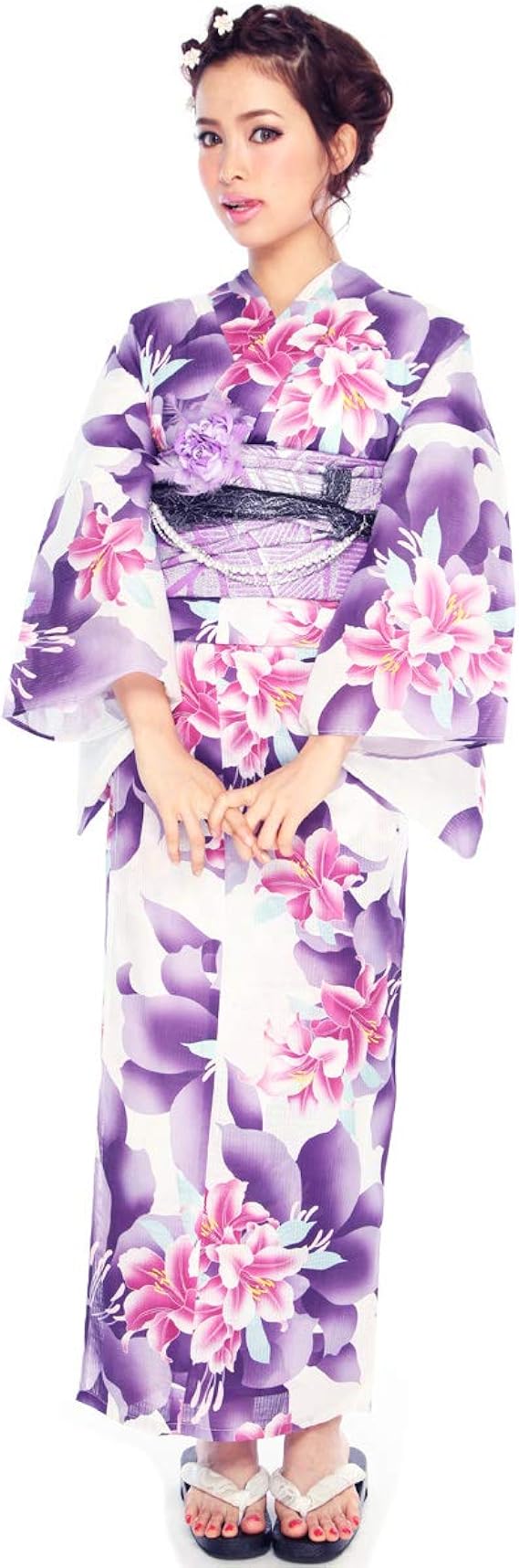 Sweet Angel 浴衣 8点 セット レディース 帯 下駄 Etc 女性 フリーサイズ 白地 パープル ピンク 百合 ユリ 兵児帯 薔薇 紫 尾崎紗代子 Ys144 浴衣 通販 Amazon